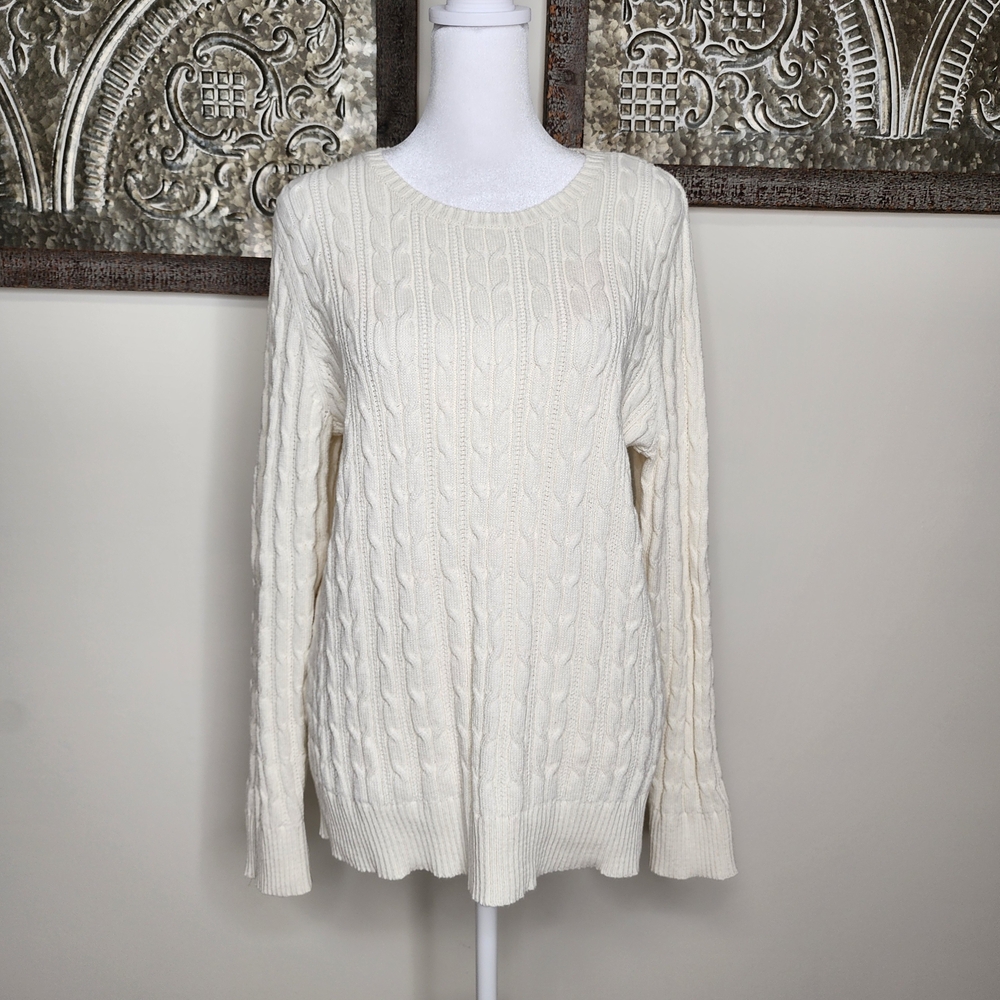 St. John's Bay Women's Cream Cable Knit Sweater XLP Cotton Fisherman Preppy